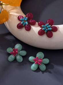 1 Pair Contrast Color Rice Bead Bubble Flower Stud Earrings, Vintage Niche Exaggerated Vacation Style Ear Jewelry - Bubble Flower Earrings - View 4