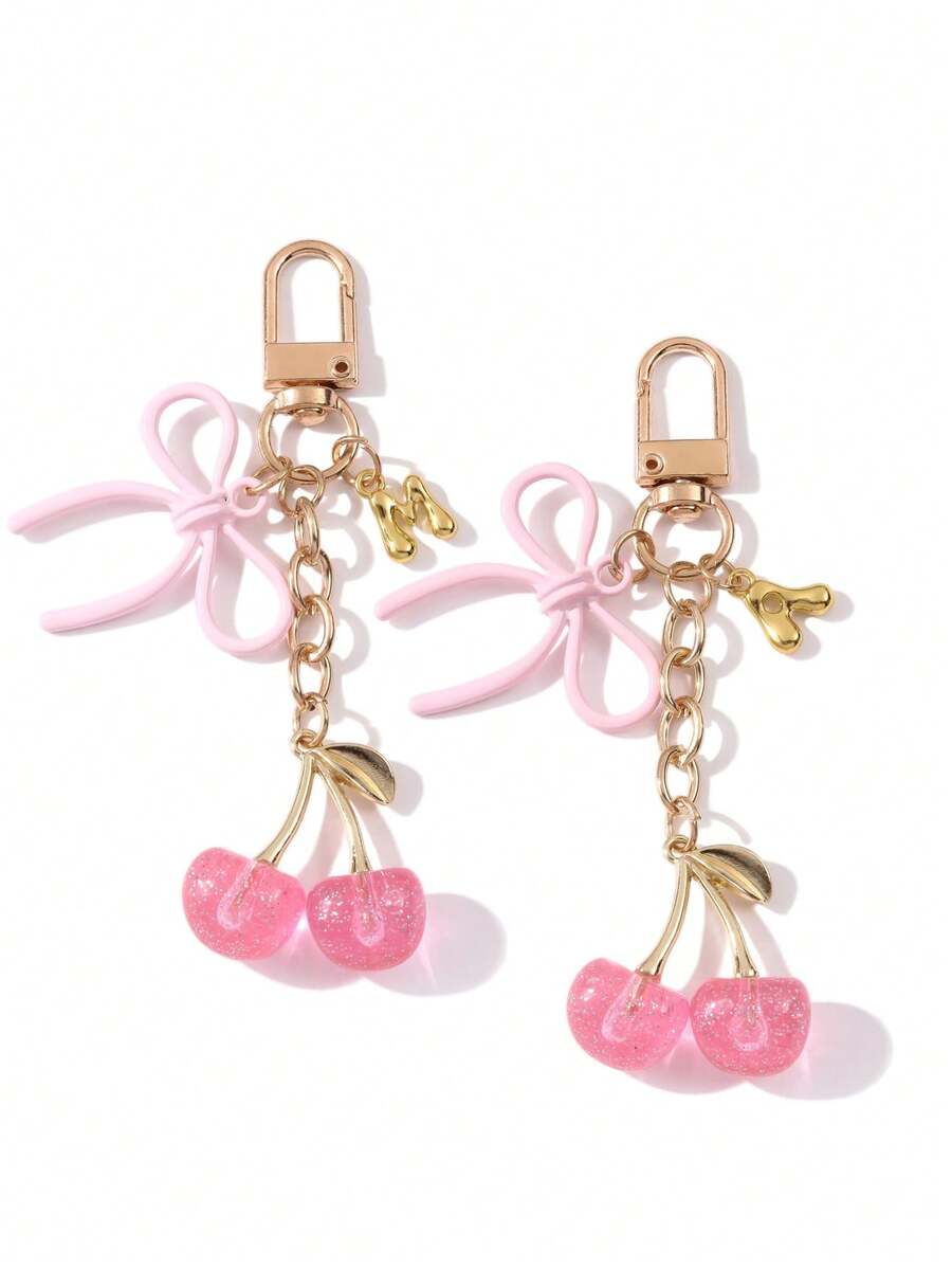 1pc Letter Shiny Cherry Bow Drip Oil Keychain, Premium Faux Fruit Phone Bag Pendant, Sweet Gentle Style Daily Outfit Accessory, Gift For Friends And Family, Souvenir Gift - Multicolor - View 1