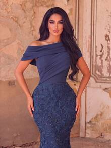 Elegant Women's Asymmetrical Neckline Mermaid Ball Gown With Sequin Embellishment And Cold Shoulder Sleeves, Suitable For Formal Occasions - Royal Blue - View 3