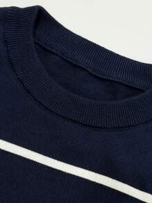 WAIT HIM 100% Cotton Men's Casual Colorblock Striped Knit Top - Blue and White - View 5
