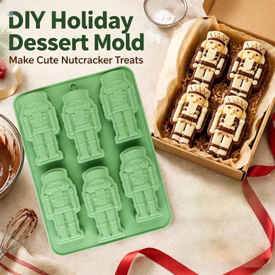 1pc 6-Cavity Soldier-Shaped Silicone Baking Mold, For Cupcakes, Cake Decorations, Chocolates, Ice Cubes And Other Baked Goods, Baking Kitchen Tool, Holiday Gift, Creative DIY - Green - View 1