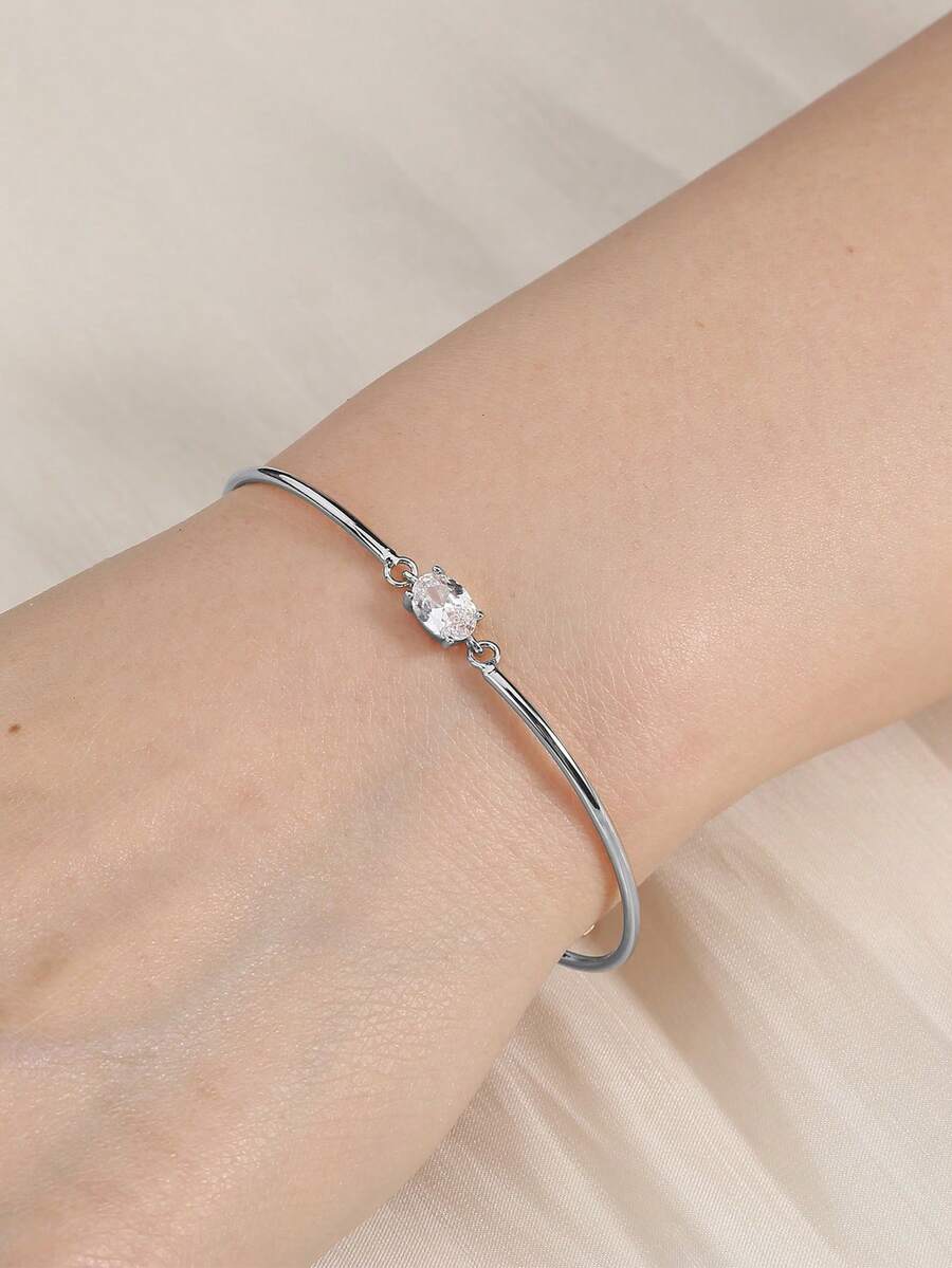 Women's Oval Zirconia Curved Tube Bracelet - Silver - View 1