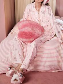 Gongdie 2pcs Disney Marie Women's Pajama Set, Spring/Autumn Pink Plaid & Floral Patchwork Soft Cotton Loungewear With Pockets - Pink - View 5