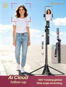 D8 1.8m Smart Auto-Tracking Gimbal Tripod, AI Face Tracking Joystick Stabilizer, Anti-Shake, 360° Horizontal & Vertical Rotation, Aluminum Alloy Extendable Selfie Stick, 4-Leg Stable Phone Holder, Suitable For Selfie, Video Vlog - View 3