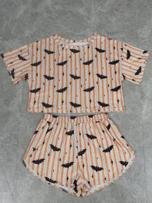 2pcs/Set Minimalist Halloween Pumpkin Ghost Face Print Casual Loose Knit Long Sleeve Top & Side Slit Shorts Loungewear Set, Suitable For Home Use - Apricot - View 5