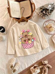 This 2 Pieces Set For Older Girls And Teens Includes An Apricot Long-Sleeve Top And A Pair Of All-Over Polka Dot Flared Pants; Featuring A Creative Design With A Capybara Pattern, The Overall Style Is Simple And Casual - Apricot - View 5