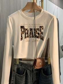 Early Autumn Spicy Girl Style Leopard Print Large Letter Short Long Sleeve Top, Round Neck Slim Fit Cropped T-Shirt, Flattering For Petite - White - View 3