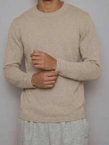 Men's Khaki Soft Thermal Lined Vertical Striped Long Sleeve Top, Loose Fit Drop Shoulder Warm Crew Neck Casual Base Layer - Khaki - View 5