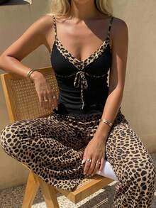 DAZY Women's 2pcs Sexy Leopard Print Camisole & Long Pants Pajama Set - Black - View 5