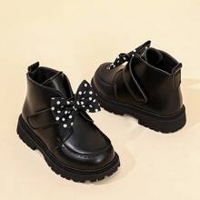 1 Pair Girls' Ankle Boots, Cute Polka Dot Bow Decor, Scalloped Edge Stitching, Hook And Loop Strap, Thick Textured Sole, Children's Boots, Suitable For Autumn/Winter, Daily, School, Party, Holiday Performance - Black - View 3