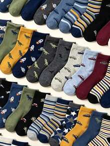 5/10/20 Pairs Random Color Crew Socks, Lovely Cartoon Graphic Children Socks With Planet Dinosaur Designs Soft Socks For Boys Daily Boys All Seasons - Multicolor - View 3