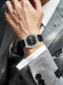 GUSALAI Men's Barrel-Shaped PU Leather Watch With Rhinestone Roman Dial, Dual Calendar, Vintage Quartz Wristwatch For Daily Wear And Holiday Gift - one-size - View 8
