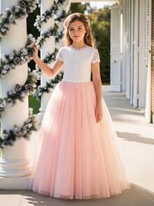 Tween Girl Colorblock Lace Contrast Mesh Backless Short Sleeve Dress Flower Girl Wedding Party Evening Gown - Pink - View 6