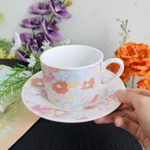 250ml 花卉陶瓷咖啡杯與杯碟套組，歐式下午茶套組，極具吸引力，適合居家使用與送禮 - 橘+粉 - 查看 9