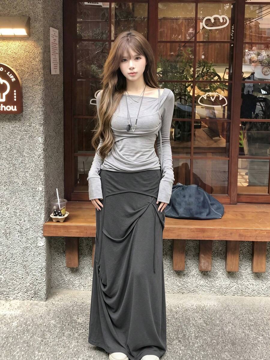 百搭百褶休閒直筒裙 - 灰色 - 查看 1