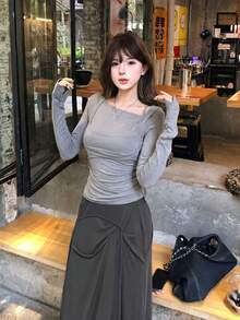 百搭百褶休閒直筒裙 - 灰色 - 查看 2