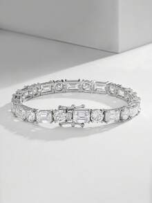 Besthing 1pc S925 Sterling Silver 19.8CT Moissanite Tennis Bracelet, Rectangular And Round Diamonds Alternating, Chic Luxury Style, Evening Party Anniversary Gift Jewelry - Silver - View 7