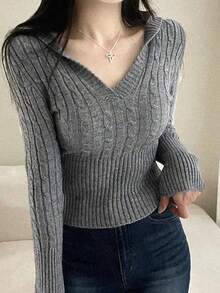 Korean Style Elegant V-Neck Hooded Cable Knit Sweater Long Sleeve Slimming Waist Tops - Grey - View 3
