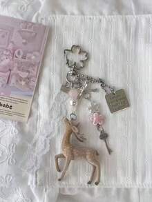 1pc INS Style Deer Keychain, Kawaii Lace Bow Bag Charm, Sakura Flower Pendant, Coquette Aesthetic Key Ring, Fairycore Backpack Charm - Multicolor - View 9