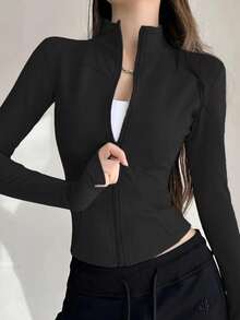 Chaqueta de yoga estilo  con cremallera - Diseño ajustado y mangas largas con abertura para el pulgar - Negro - Ver 8