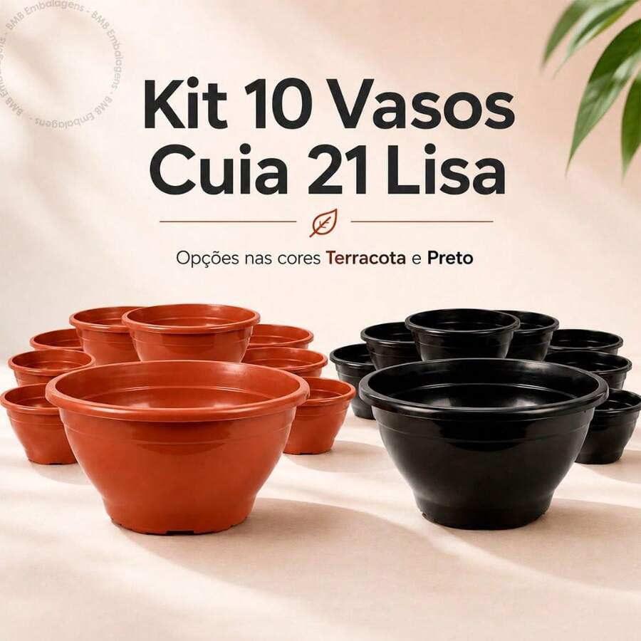 Kit 10 Vasos Cuia 21 Plantas Jardim Preto Terracota Resistente Reforçado Rosa do Deserto Samambaia Suculentas Cactos - Marrom - Visão 1