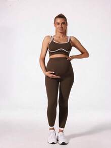 Maternity High Waist Seamless Elastic Solid Color Leggings, Suitable For Casual Daily Wear Spring - Brown - View 3