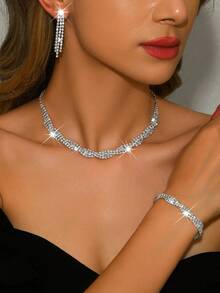 Luxury High-End Multi-Layer Full Rhinestone Necklace 3 Pieces Set, Bridal Wedding Banquet Party Dress Full Accessory Set - 499801 Silver-hB - View 2