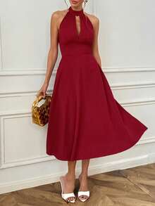 Women's Elegant Solid Color Backless Halter Mid-Length Dress, Elegant Autumn Party Outfit - Red - View 10