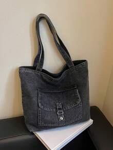 Fashionable Textured Large Capacity Denim Tote Bag, Casual Convenient Versatile Women's Handbag, Daily Commute Shopping Travel Shoulder Bag - Multicolor - View 2
