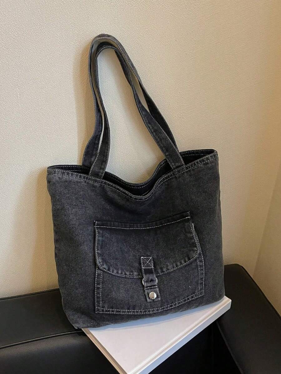 Fashionable Textured Large Capacity Denim Tote Bag, Casual Convenient Versatile Women's Handbag, Daily Commute Shopping Travel Shoulder Bag