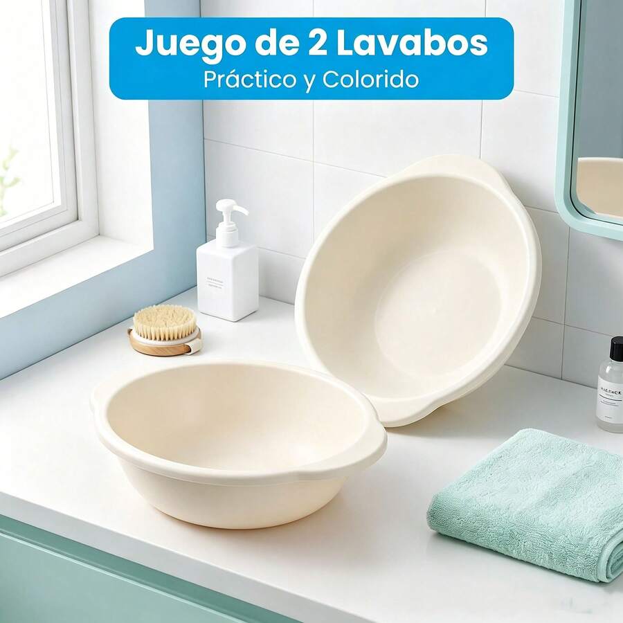 Lavabo de Plástico 10L con Asas Laterales, Tina Redonda Resistente, 2 Unidades, 4 Colores Disponibles, para Baño, Lavado Facial y Limpieza del Hogar - Albaricoque - Ver 1