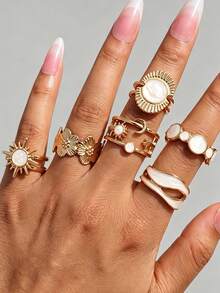 Random Style 21/13/7pcs Simple Fashion Drip Oil Sunflower Heart Flower Star Moon Multi-Element Ring Set For Women Sisters Vacation Date Gift Daily Casual Party Wedding Matching - Yellow Gold - View 7