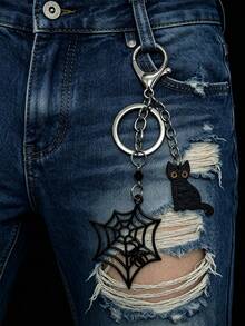 1 Piece Of Gothic Dark Style Pants Chain Alloy Spider Web Black Cat Pendant Keychain Backpack Pendant Halloween Gift Daily Holiday Accessories - Silver - View 6