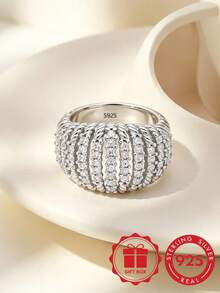 S925 Sterling Silver Multi-Layer Twisted Rope Design Full Zirconia Inlaid Wide Ring, Heavy Craftsmanship Luxury Elegant Banquet Versatile Women's Index Finger Ring, Jewelry Gift With Gift Box - Silver - View 4