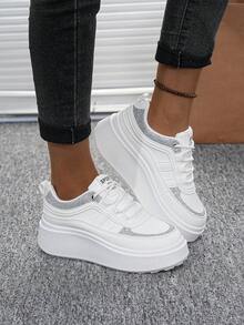 Women's Shiny Silver Decor Lace-Up White Thick Sole Platform Sneakers, Suitable For Daily Wear - Silver - View 6
