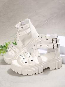 Punk Rivet Thick Sole Roman Sandals For Women, Multi-Strap Double Buckle High-Top Gear Sole Open Toe Platform Wedge Sandals, Peep Toe Thick Sole Height-Increasing Casual Versatile Women's Shoes - White - View 7