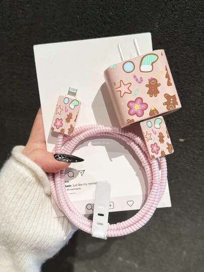 Pink Christmas Gingerbread Man Pattern Charger Cable Protector, Compatible With IPhone 14 Pro Max, Suitable For 18/20W Fast Charging Cable Winder, Anti-Breakage Tangle Storage Protector, Can Be Given To Boyfriend / Girlfriend, Compatible With IPhone 13/12/11
