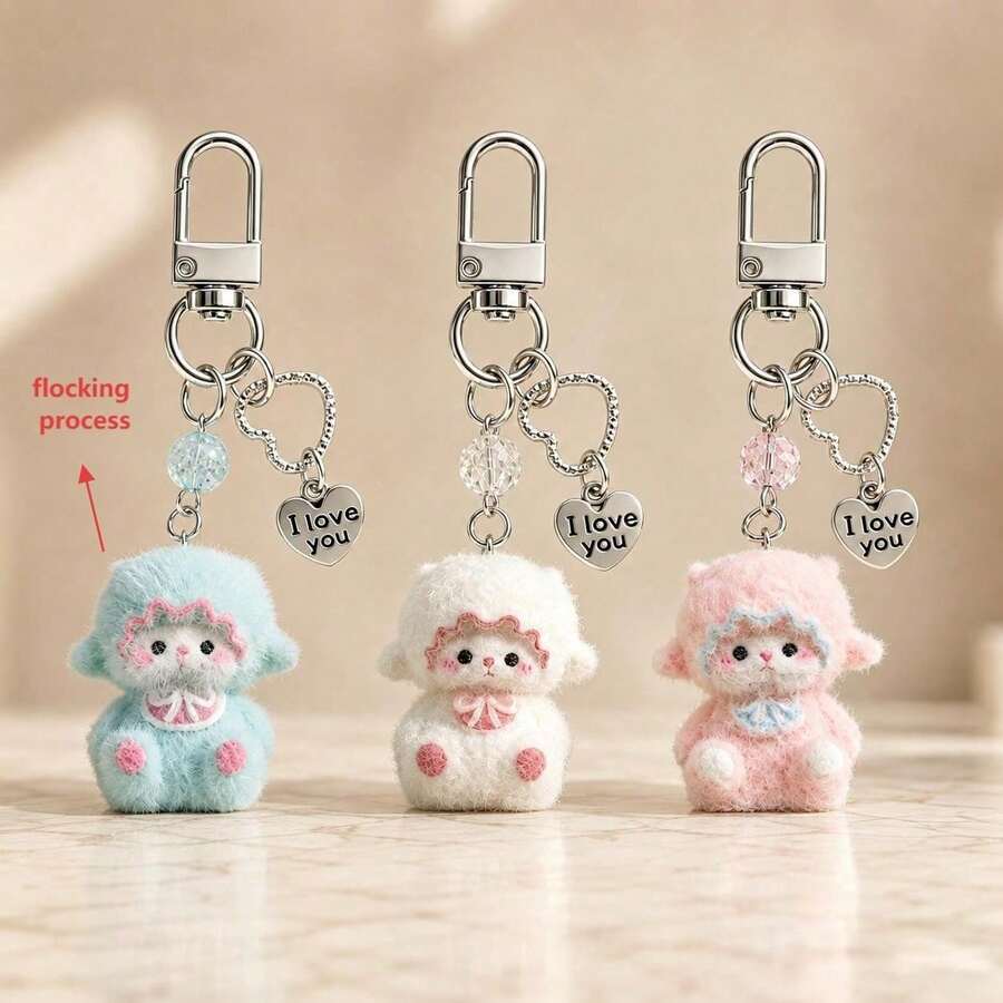 1pc/3pcs Unisex Cute Resin Flocked Sheep Animal Pendant With Beaded English Letter Charm Keychain, Gift For Friends And Besties, Cute Bag Charm - Multicolor - View 1