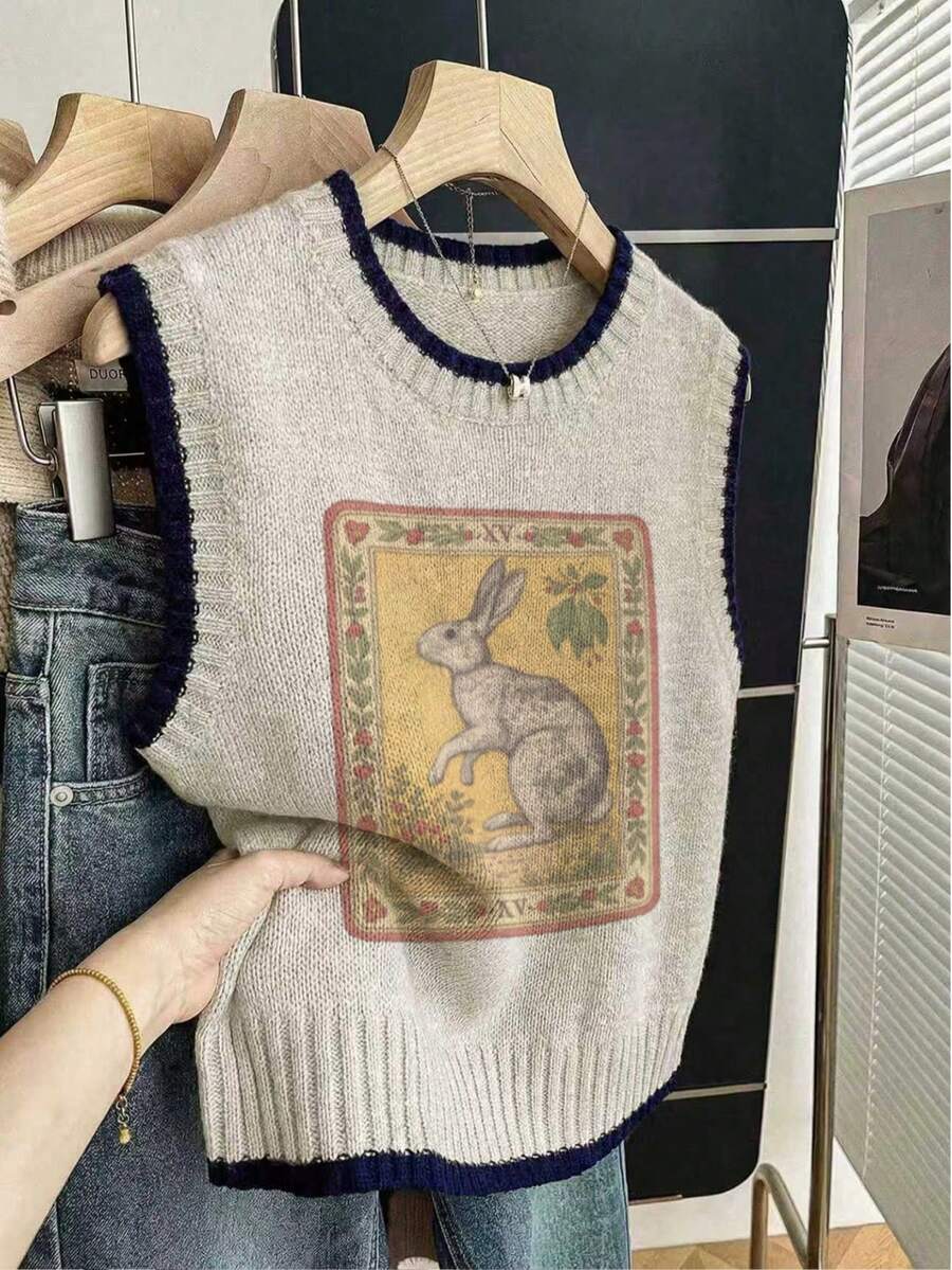 秋冬新款圆领无袖女式背心,可爱兔子印花,撞色滚边针织米色背心,休闲返校宽松针织上衣,日常穿着,毕业季适用 - 卡其色 - 查看 1