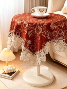 HXARTMIS 1pc Vintage Floral Jacquard Lace Trim Tablecloth, Red Square Decorative Table Cover, Suitable For Coffee Table, Wedding And Holiday Home Decor - Red - View 3