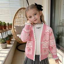 enmi bear Girls' Casual Cute Bear Print Warm Knitted Cardigan, Comfortable & Cozy For Autumn/Winter - Pink - View 2