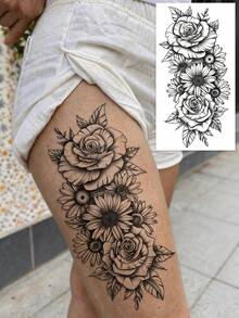 4件裝性感黑色花卉臨時紋身貼紙，防水逼真假紋身，適合女性大腿、腹部、背部和臀部，非常適合節日、派對、約會等場合 - 黑色 - 查看 3