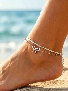 Women's Multi-Layer Snake Chain Anklet, Delicate Bow/Heart Pendant Anklet, 18K Gold Plated & Silver Plated Waterproof Summer Beach Foot Jewelry - Silver - View 1
