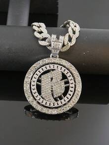 Rotatable B Letter Rhinestone Round Pendant Cuban Chain Set, Silver Heavy-Duty Rhinestone Necklace And Bracelet, American Hip-Hop Cool Accessories For Men - Rotatable Letter B - View 6