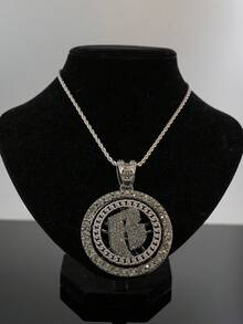 Rotatable B Letter Rhinestone Round Pendant Cuban Chain Set, Silver Heavy-Duty Rhinestone Necklace And Bracelet, American Hip-Hop Cool Accessories For Men - Rotatable Letter B - View 9