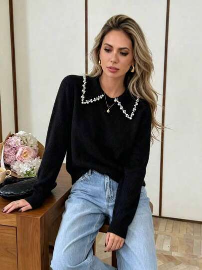 Plus Size Sweater,Pearl Beaded Collar,Fall Winter Knitwear,Long Sleeve Pullover,Loose Fit,Street Style,Daily Casual,Plus Size Top