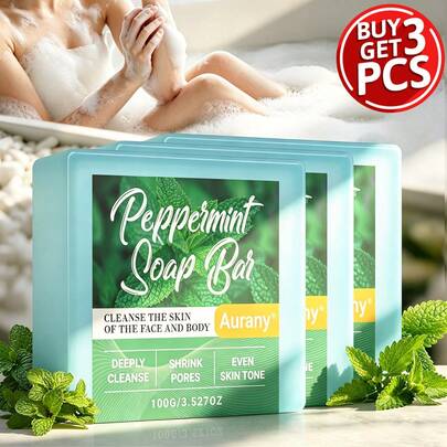 AURANY 1Pc 100g Peppermint Essential Oil Refreshing & Cooling Soap, Moisturizing & Gentle Bath Soap Deep Cleansing & Nourishing Bar Soap For Face Body & Hair Men Women All Skin Types Daily Use Skin Care Aromatherapy Gift