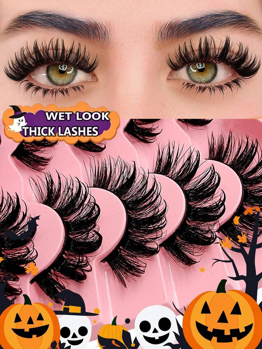 5 Pairs Asiteo New Wet Makeup Effect False Eyelashes, Cartoon Style False Eyelashes, Fluffy Natural Long Faux Mink False Eyelashes, Thick False Eyelash Strips,Halloween