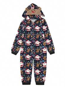 Family Matching Christmas Jumpsuits Pajamas Letter/Santa/Tree/Print Hooded Long Sleeve Playsuits Autumn Zipper Long Rompers - Blue Kid - View 2