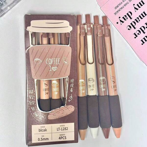 4pcs/Box Vintage Coffee Print Retractable Gel Pens, Earth Tone Minimalist Artistic Style Stationery, 0.5mm Tip For Daily Journaling, Office Document Writing, Back To School Stationery Set, Suitable For Personal Use, Storage, Light Ritual Gift And Holiday Gift Giving